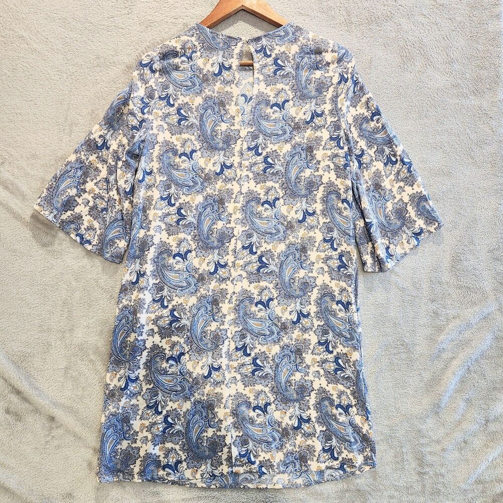 H&M Cream Blue Paisley Fit & Flare Sleeve Shift Mini Dress Size 2 Dainty Flowy - Picture 5 of 12